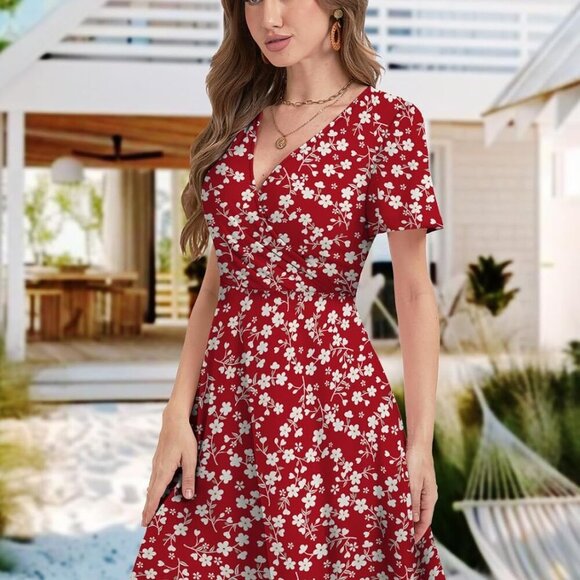 Women Summer Floral Sundress Plus Size Wrap V-Neck Ruffle Short Sleeves - Picture 6 of 6